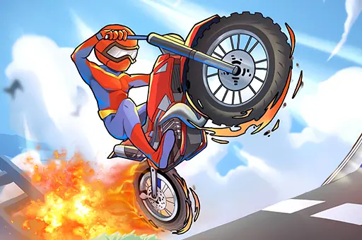 Motoqueiro com roupa colorida empinando uma moto vermelha em uma pista elevada, com chamas no chão e céu azul ao fundo. Imagem promocional do jogo "Moto Stunts Driving & Racing", um jogo de corrida com manobras radicais em estilo cartoon 2D.